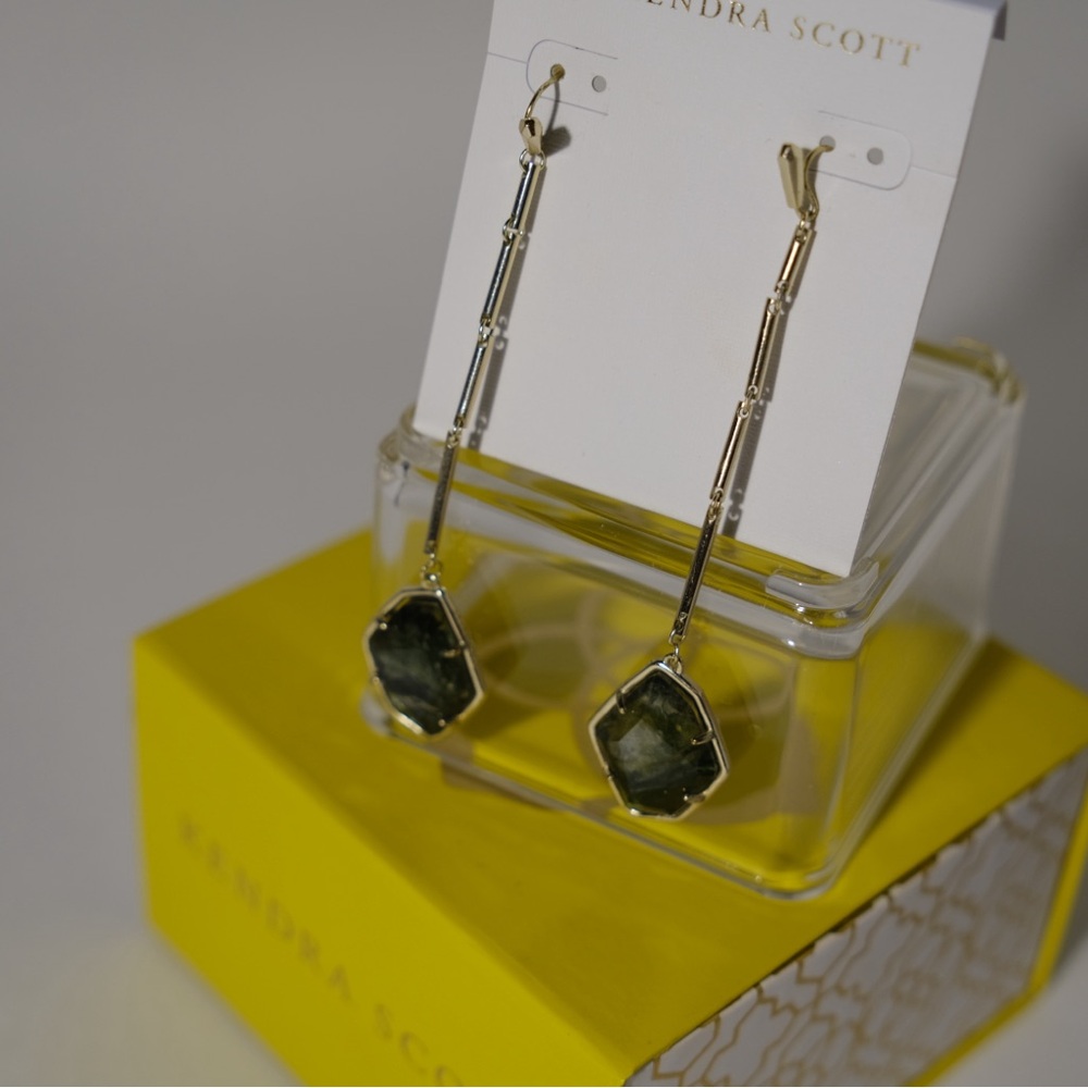 Kendra Scott Charmain gold drop earrings sage mica green
